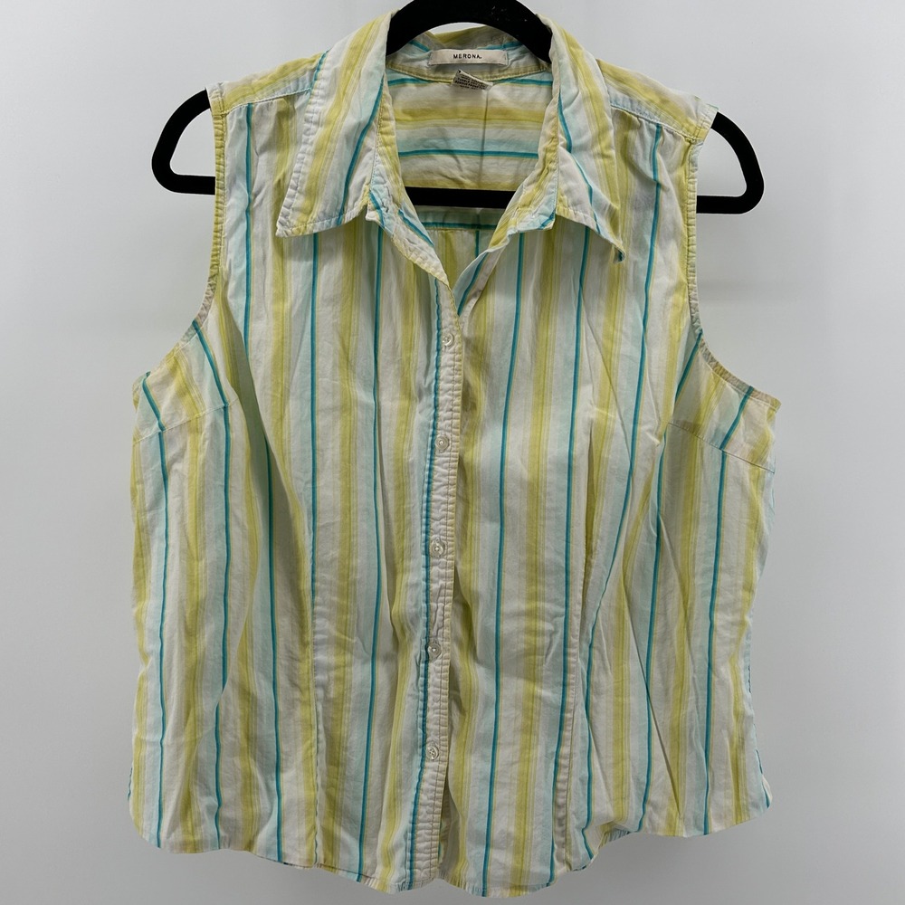 Merona Sleeveless Button Down‎ Shirt Colorful Striped Cotton XXL Preppy Vacation
